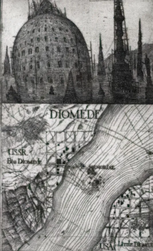 Sketch of a dome shaped building with lots of windows in the upper right third with a map below.