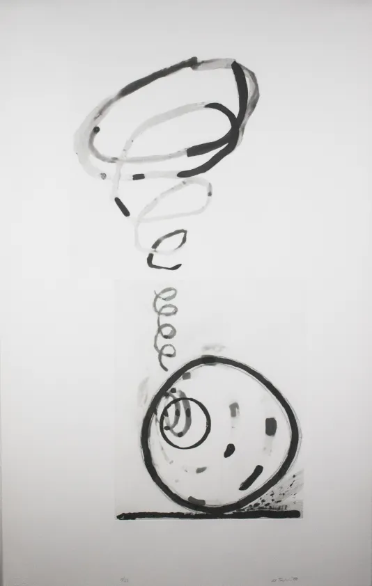 A circle with black markings and a swirl leading to it from above suggestion motion.