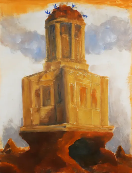 Golden church looking building with a tall dome on the top placed on an orange cliff landscape and a cloudy sky.