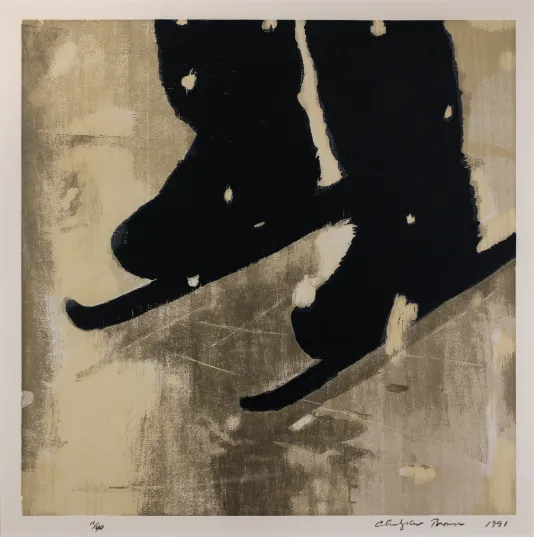 Black silhouette of a pair of boots on skis against a brown and cream colored background.