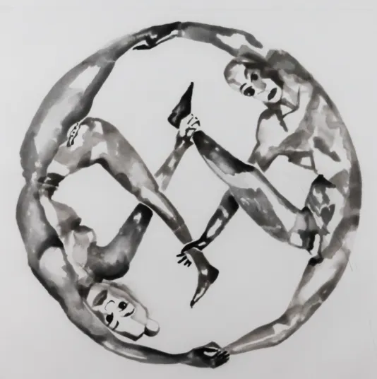 Print of two contortionists creating a circle with their bodies and holding onto each others splayed out legs to create a diamond shape in the center.