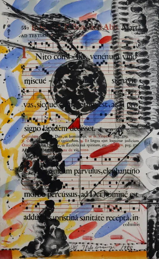 Music note sheet as the background with blue, red, and yellow strokes on the left and right abstract shapes on the right.