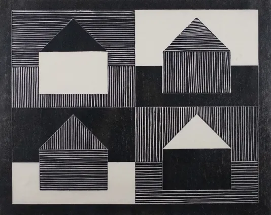 Four rectangles each with a house shape inside featuring solid white, black and a striped pattern.