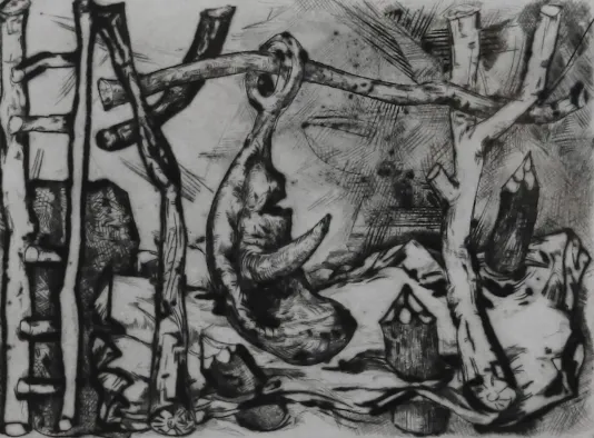 Black and white print with a ladder looking shape on the left, two branches and something hanging from the branch in the center.