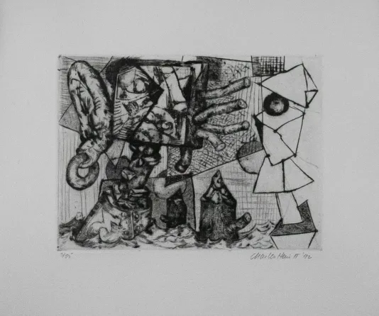 Abstract three dimensional shapes with dark shading on the left and outlined shapes on the right.