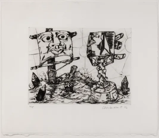 Black and white print of a rocky ocean with a sail tied to a wooden pole featuring a persons face on the sail.