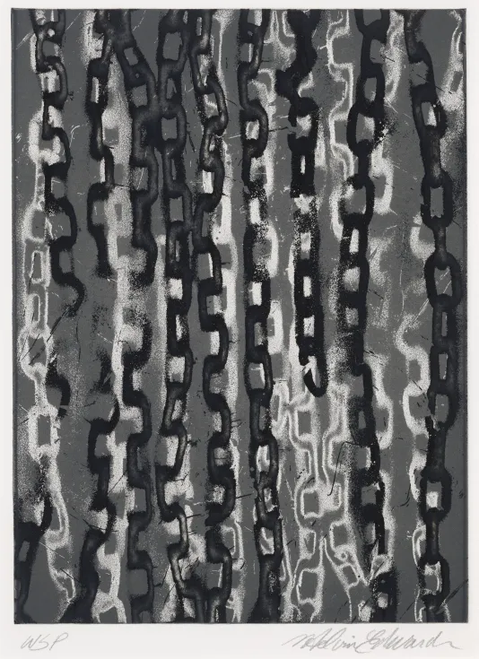 Print of chains hanging vertically filling the frame and overlapping with one another.
