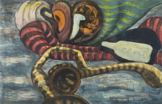 Abstract shapes with depth on a blue background. The shapes have thick stripes on them and shadows.