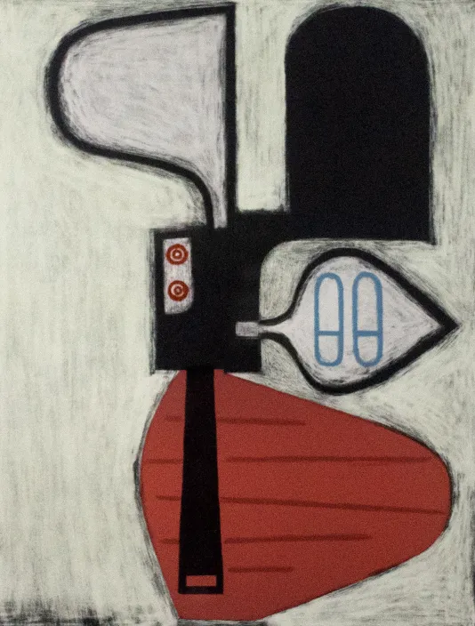 Minimal, abstract red, black, and white shape on a cream colored canvas.