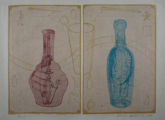 Two prints each wit ha case in the center and a person inside the vase. The prints are connected by a wavy line and an outlined cup.