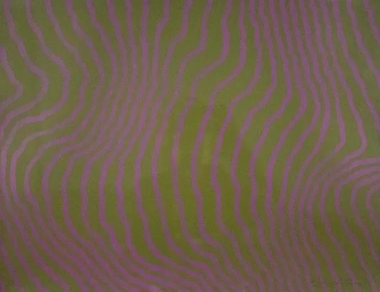 Gold background with wavy pink lines covering it.