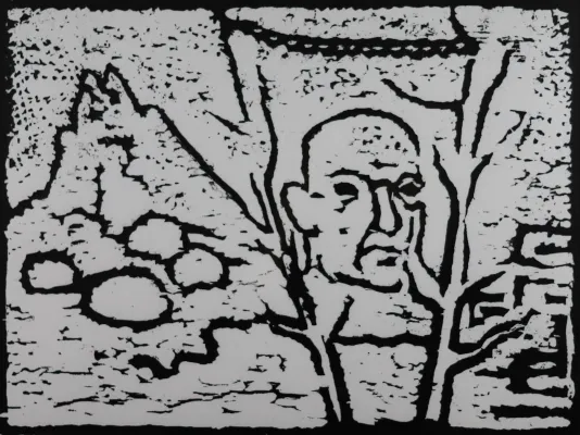 Print of a mans face in the center with a mountain shape on the left and two tree branch shapes framing his face.