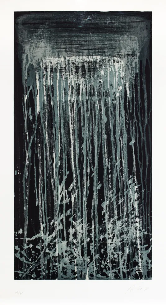 Vertical print of blue, white, and gray paint dripping from the top of the canvas resembling a waterfall with water splashing at the bottom.