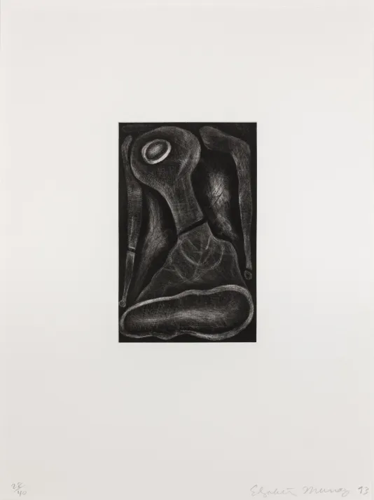 Print of a dark lightbulb with abstract shapes surrounding it and a black background,