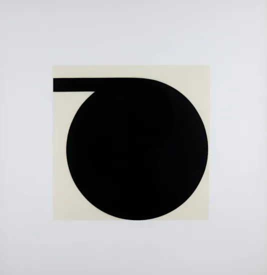 Cream colors square with a black circle touching the right and bottom edge and a thick black line coming out of the circle going to the left edge.