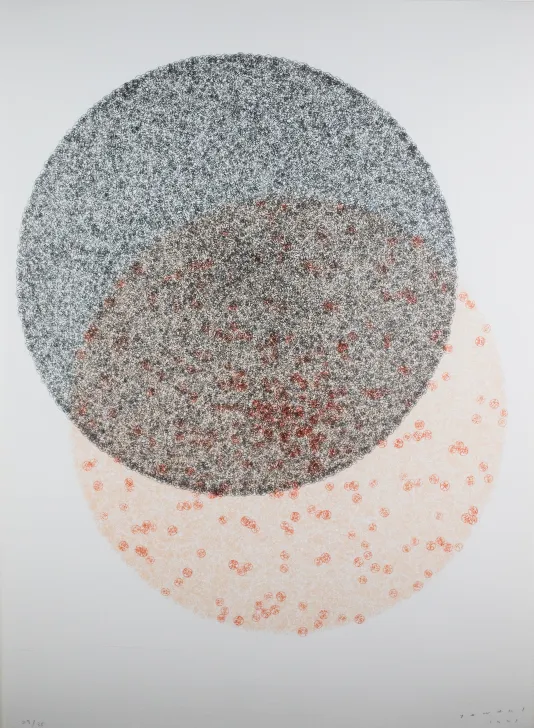 Circle made of black dots overlapping with a circle below that is blush pink with darker red dots.