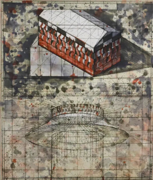 Grid background with splotches of grey a and faded red ink and a long warehouse building on the top half that is covered in hand drawn symmetrical flames.