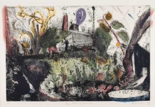 Loose brushstrokes of a field with trees, a building in the background and a house on the right.