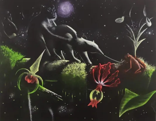 Lush green tree trunk with a small anteater and monkey on top grazing on the grass. A red frog is on the right and the background appears to be a night sky.