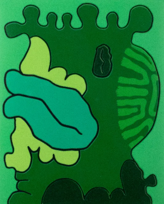 Green print of an abstract figure with wavy lines, large blue lips and a darker green eye.
