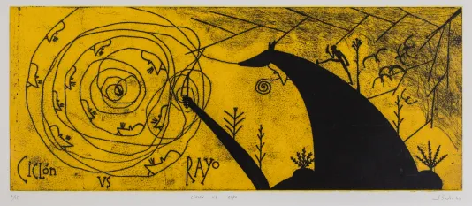 Yellow background with thin lines that resemble a rosebud and a black figure on the right that looks like the head of a dog with a long neck.