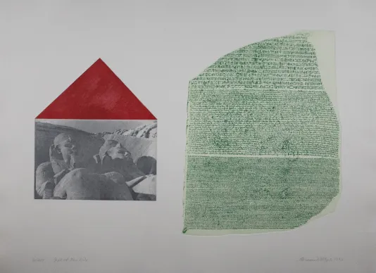 Green textured shape on the right with a black and white photograph on the left and a red rectangle above making the shape of a house.