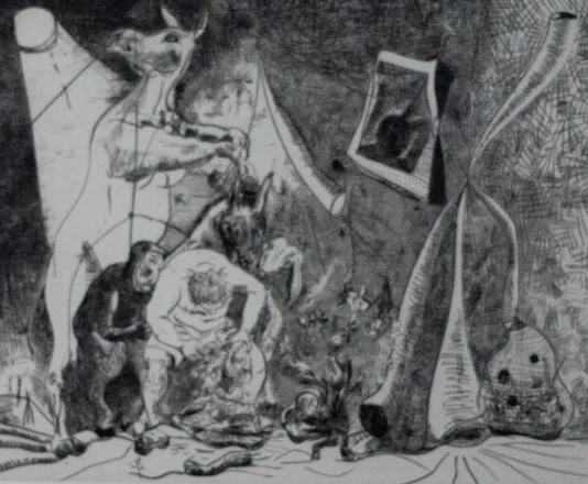 Black and white print of a dark space with a large horse like figure standing above two smaller people.