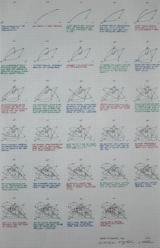 Diagram being drawn at each stage of lines that overlap with small handwriting underneath each. Total of 29 steps.
