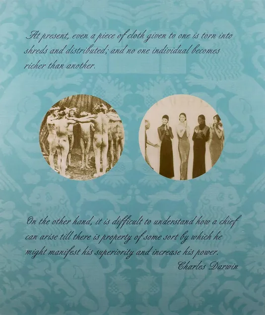 Blue background with a faded lion print with two circular photographs in the foreground and text on the top and bottom of the photos. Left photo is of a group of naked people huddling in a circle in the woods and the right is four models in long dresses.