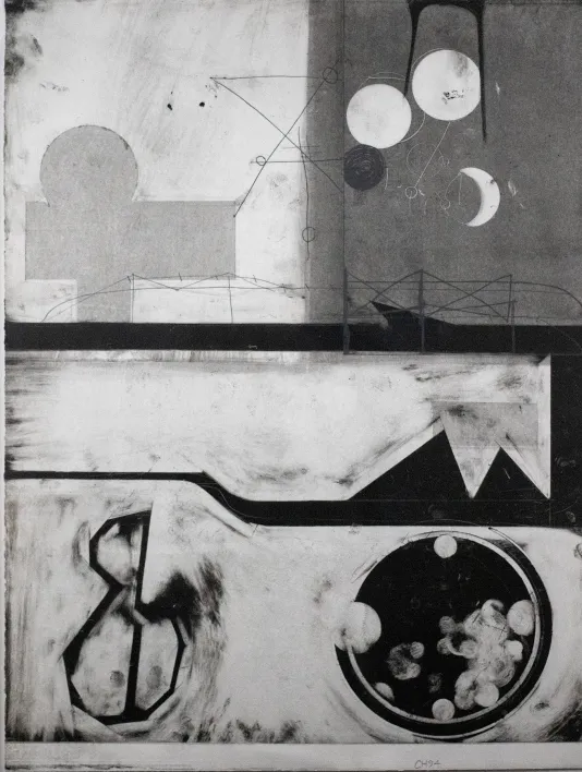 Abstract black and white print with geometric shapes and lines.