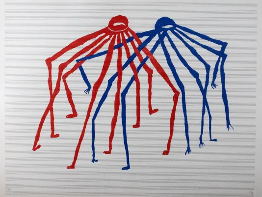 Blue and red print of a 2 cartoon like bugs with a circular head and 8 long legs.