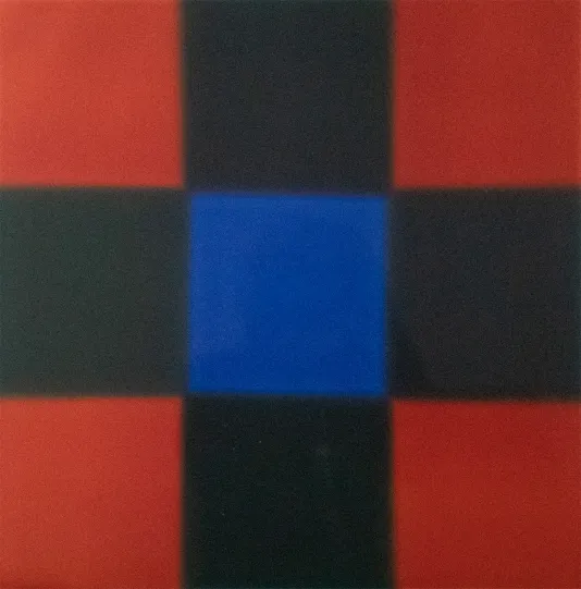 Red background with four black squares on each side and a blue square in the center.