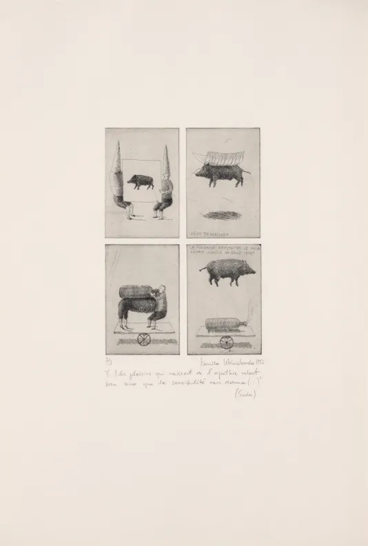 Four panel sketched cartoon of two people with long cone shaped hats, a pig, large bottles of alcohol, and small handwriting below.