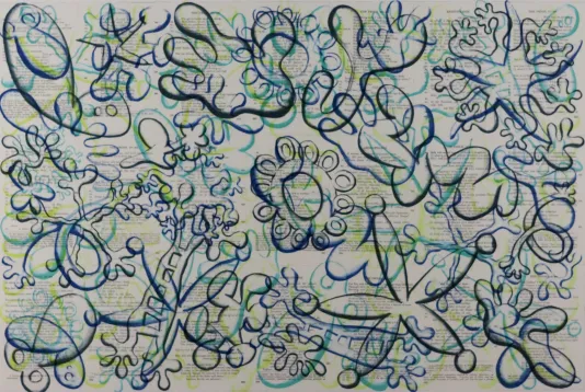 Green and blue swirl shaped squiggles on a piece of paper that resemble frogs and flower petals.