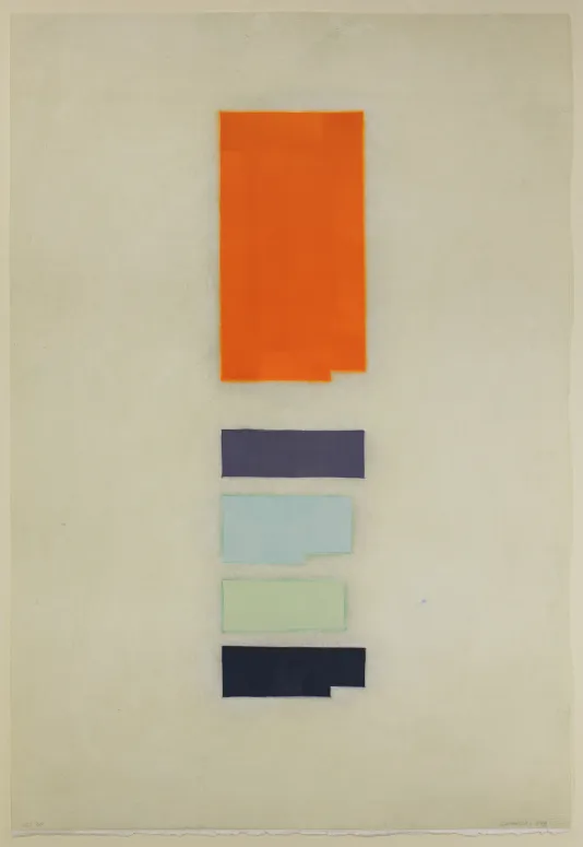 White background with a long orange rectangle and three small rectangles below in purple, light blue, light green, and black.