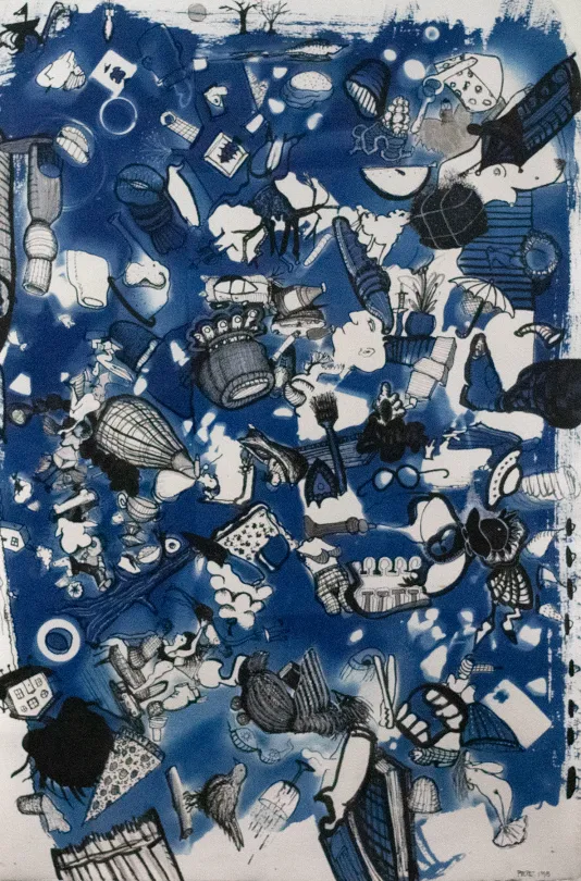 Blue ink in the background and small black and white shapes covering the canvas including figures, birds, pizza, a house, and more.