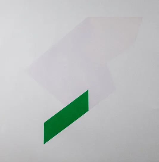 White background wit Han off white shape in the center and a green long rectangle with slanted edges.