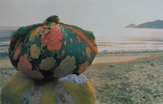 Video s till of a floral round bag on a rock in the foreground with a sunny, empty beach in the background.
