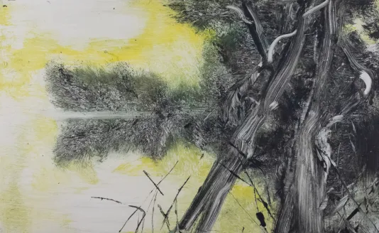 Yellow background with a landscape of trees and bushes reflected in body of water.