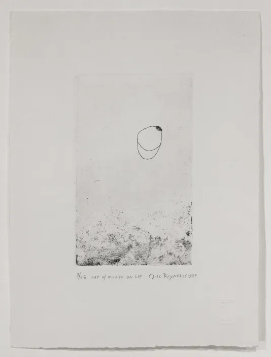 Black and white print of a sketched cup from an angle with ink at the bottom creating a border.