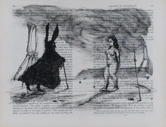 Page of a book a dosa background with a dark cloud above a nude figure and a figure in a dark cloak with pointed ears.