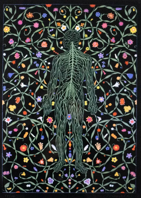 Black background with green veins and colorful flowers with a person's skeleton in the center in green.