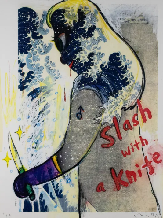 Monster looking figure walks to the left of the frame holding a green knife with text that reads "Slash with a knife."