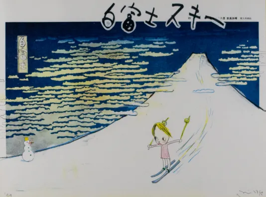 Print of a large snow slope with a small figure skiing downhill and a small snowman in the background.