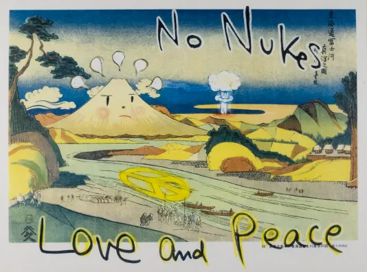 Colorful landscape with a volcano that has a face on it. "No Nukes Love and Peace" is written on the top and bottom.