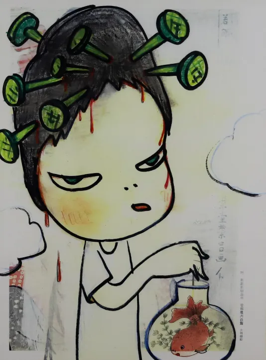Cartoon figure with black hair has green nails in their head and blood dripping down their face while holding a small container with an orange fish inside.