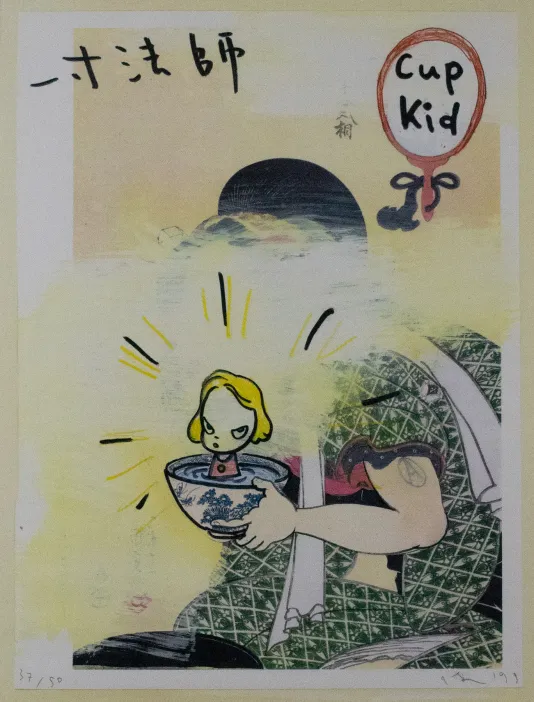 A person kneeling with there face painted over holding a bowl with a small girl cartoon coming out the top and a speech bubble at the top of the frame that says &quot;Cup kid.&quot;