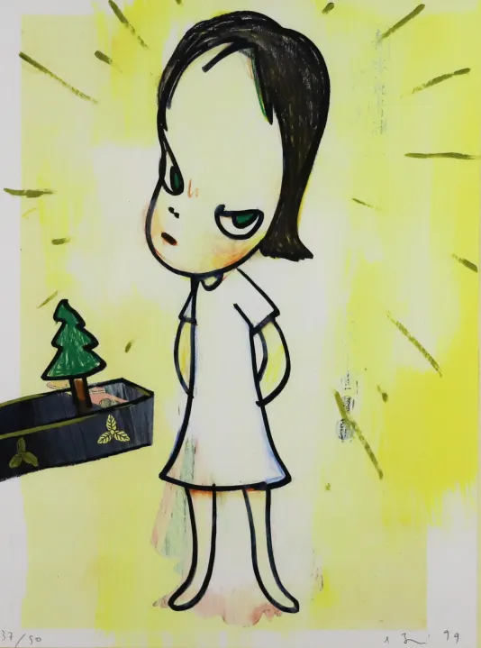 Small child in a white dress looks sideways with an angry face,