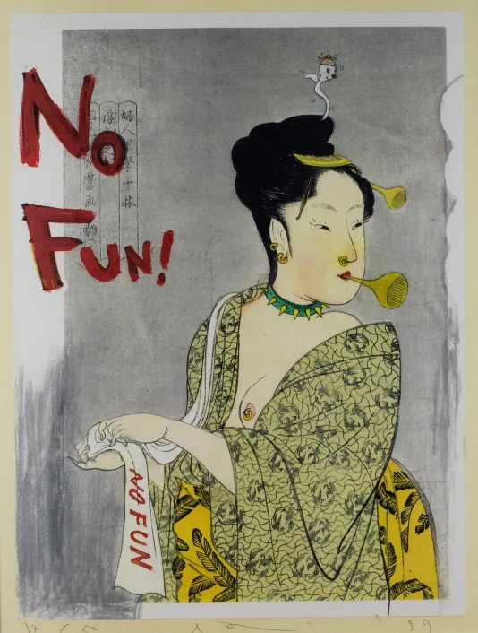 Print of. Japanese woman with a green robe on and one breast exposed holding a scarf that reads 'no fun.'
