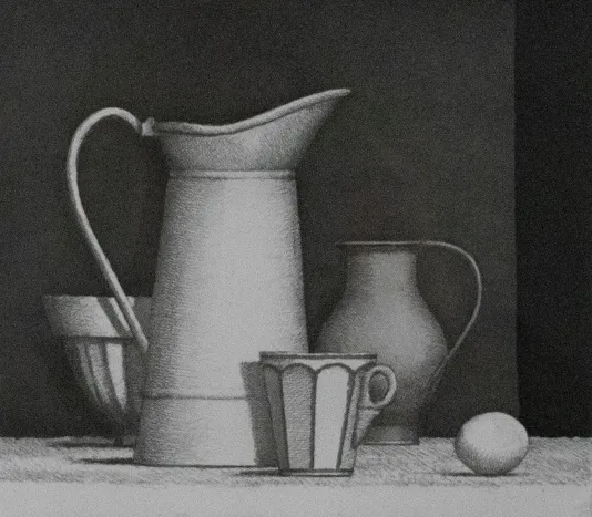 Still life black and white print of a small mug, a large pitcher, an egg and in the background a bowl and smaller vase.